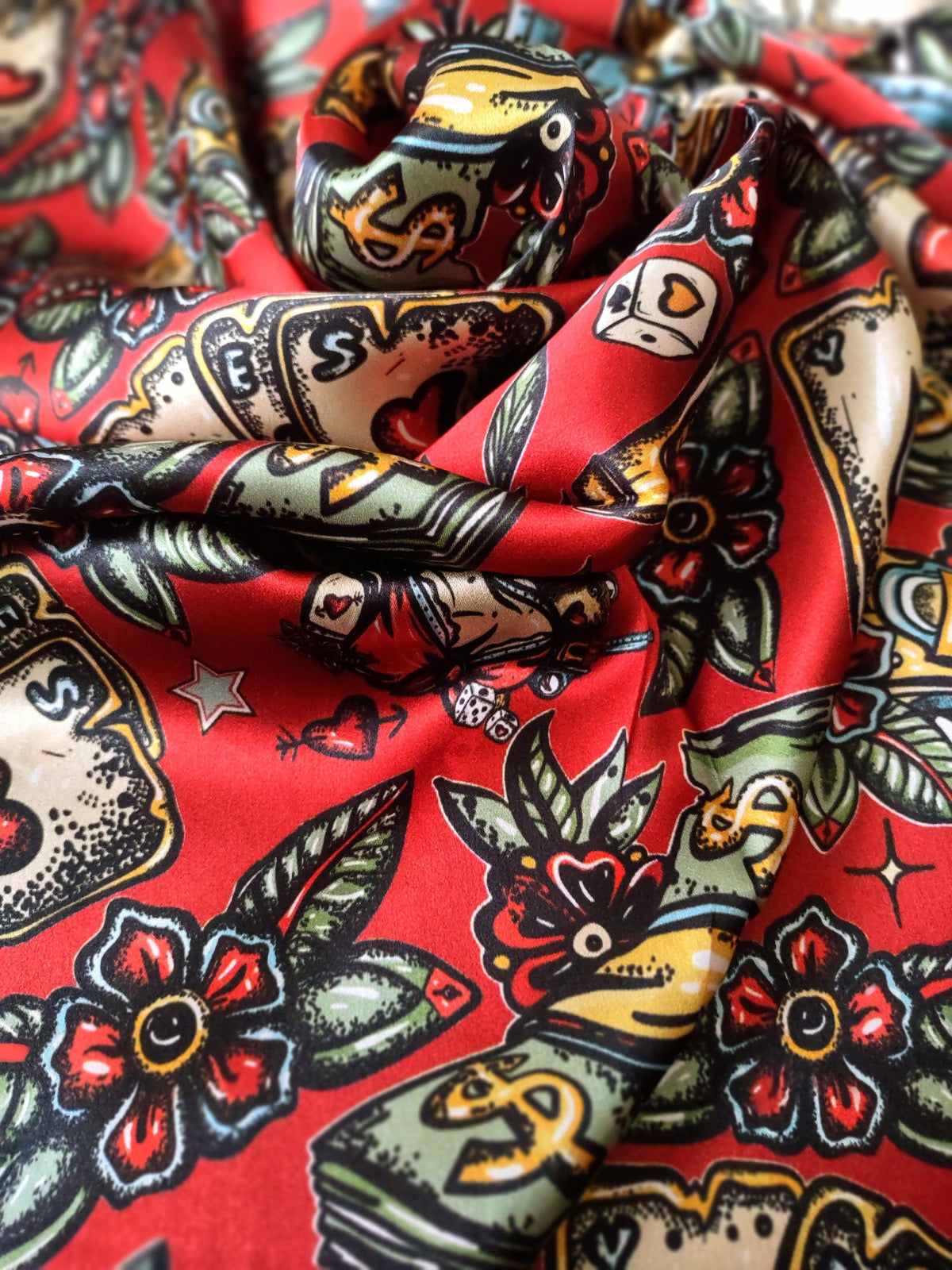 Silk Wild Rag: Deep Red, Saloon Casino Print – Western Bandanna
