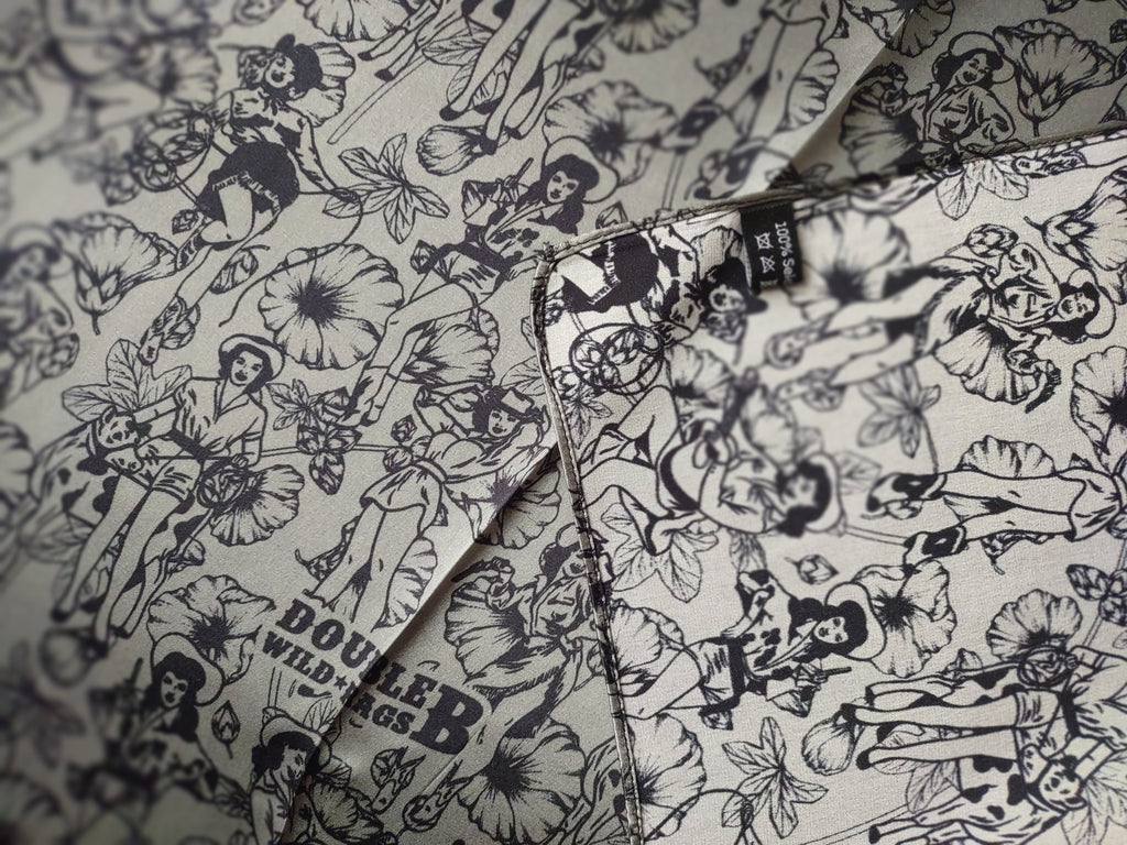 Wild Rag 100% SILK Dark Grey Pin Up Cowgirls and Hollyhock flowers Cowboy Western Neck Scarf Bandanna by Double B Wild Rags