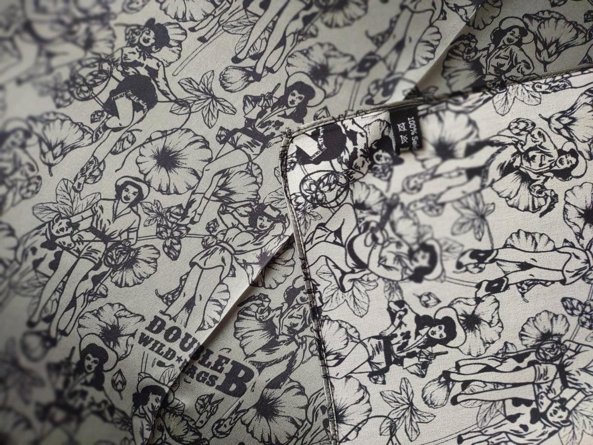 Wild Rag 100% SILK Dark Grey Pin Up Cowgirls and Hollyhock flowers Cowboy Western Neck Scarf Bandanna by Double B Wild Rags