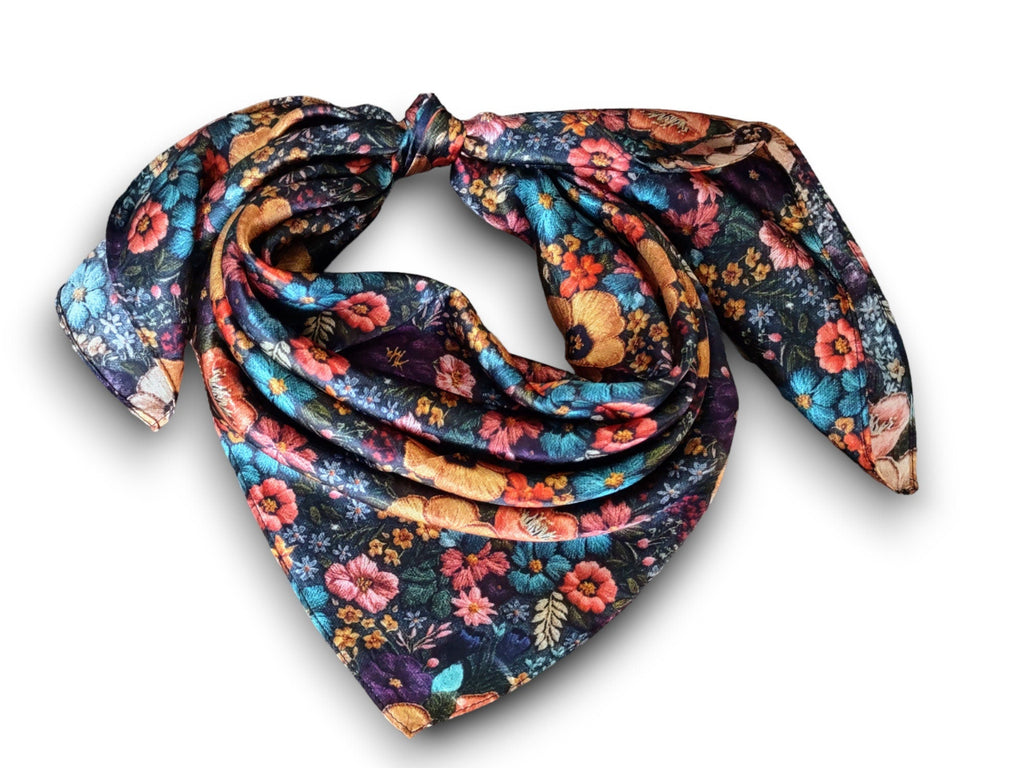 Wild Rag 100% SILK Dark Blue Green and Gold Embroidered print Western Neck Scarf Bandanna by Double B Wild Rags