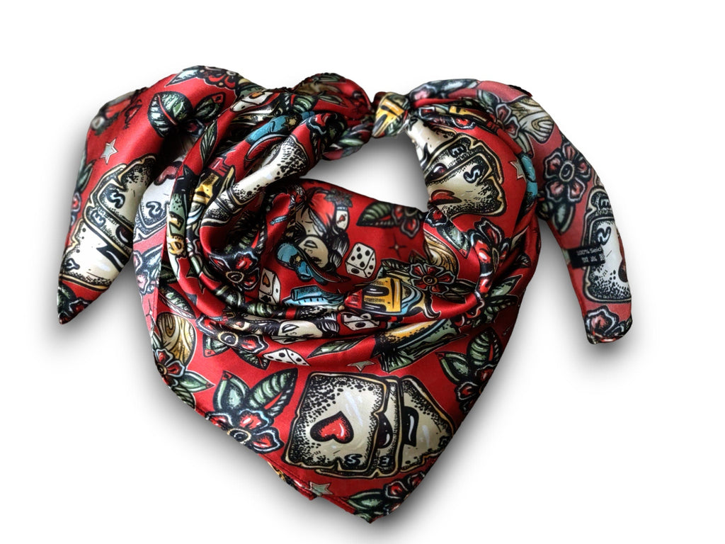 Silk Wild Rag: Deep Red, Saloon Casino Print – Western Bandanna