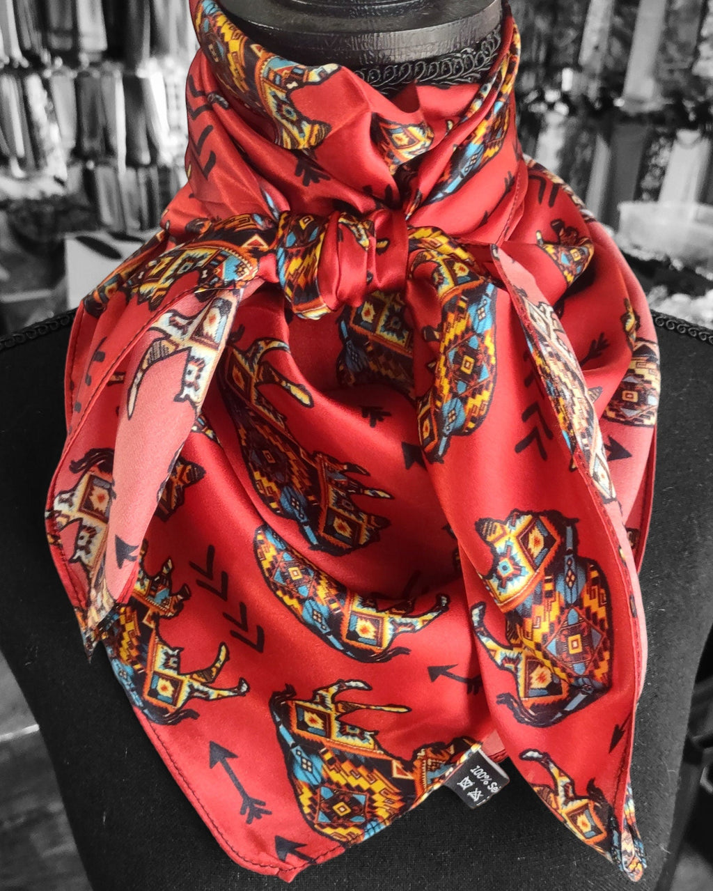 Silk Wild Rag Red Aztec Bison Buffalo and Arrows by Double B Wild Rags