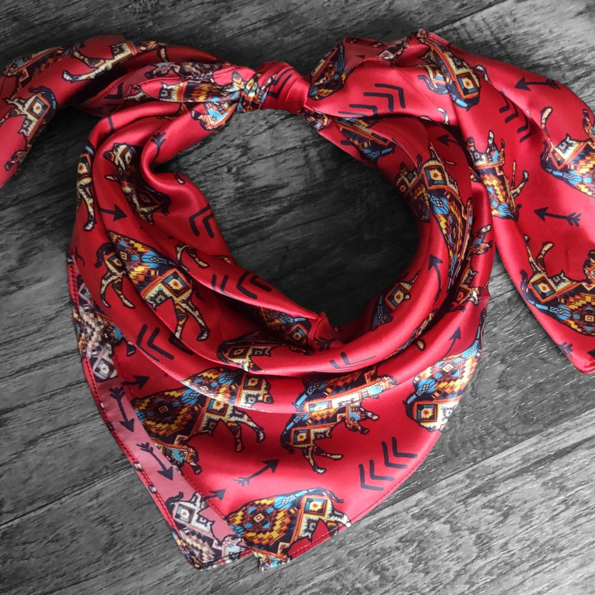 Silk Wild Rag Red Aztec Bison Buffalo and Arrows by Double B Wild Rags