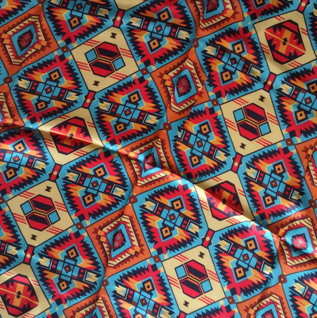 Silk Wild Rag Red, Yellow, Blue Aztec by Double B Wild Rags