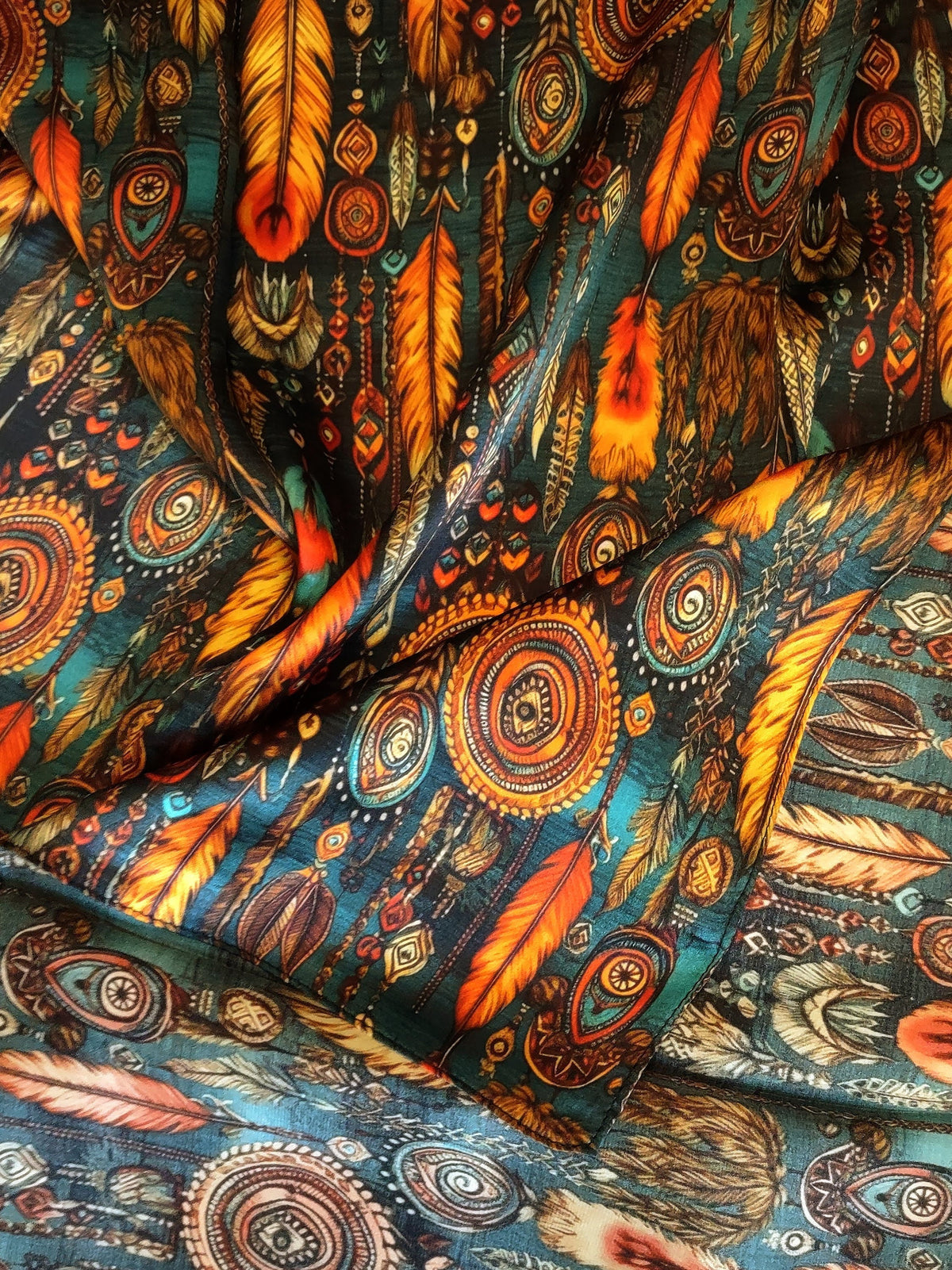 Wild Rag 100% SILK Teal and Orange Native Boho Feathers Neck Scarf Bandanna by Double B Wild Rags