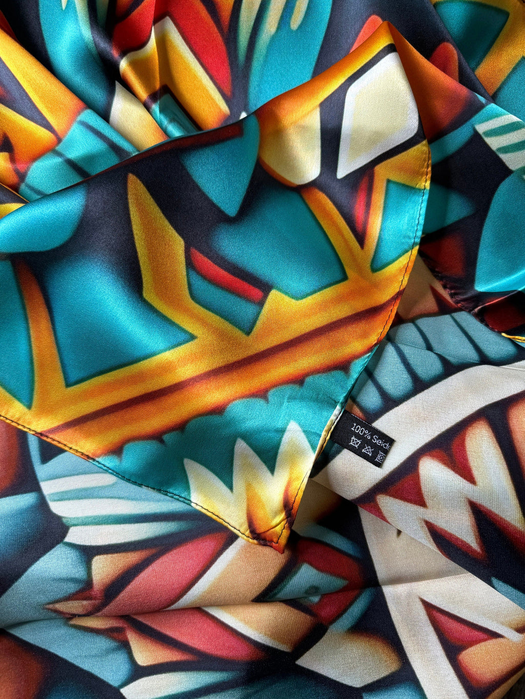 100% Silk Wild Rag Native American Indian Style Orange Teal and Yellow by Double B Wild Rags