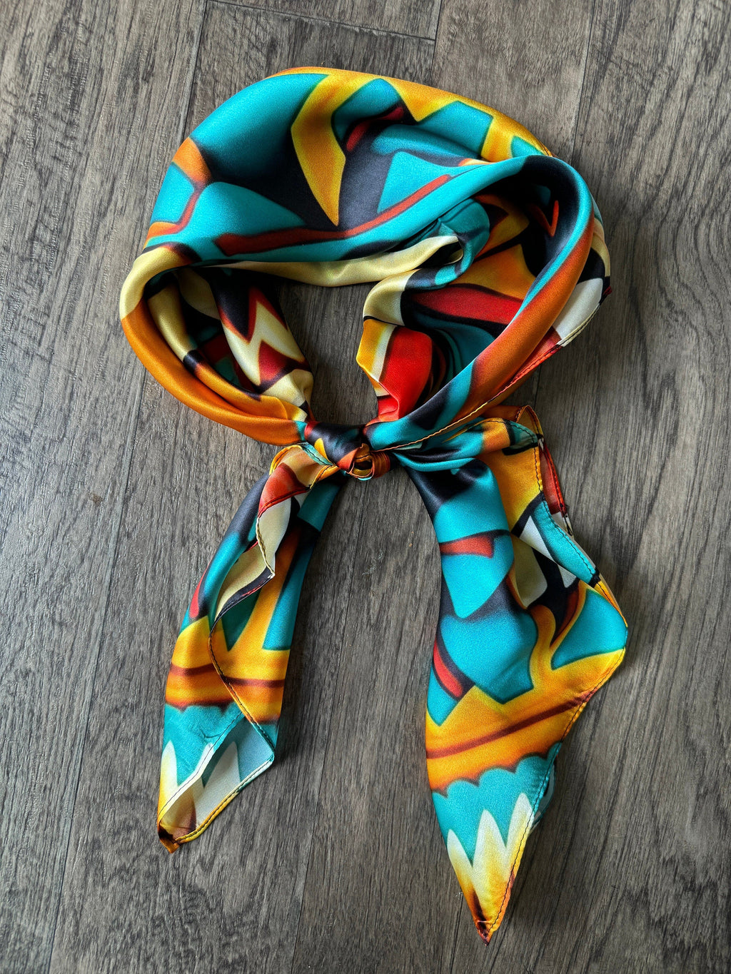 100% Silk Wild Rag Native American Indian Style Orange Teal and Yellow by Double B Wild Rags