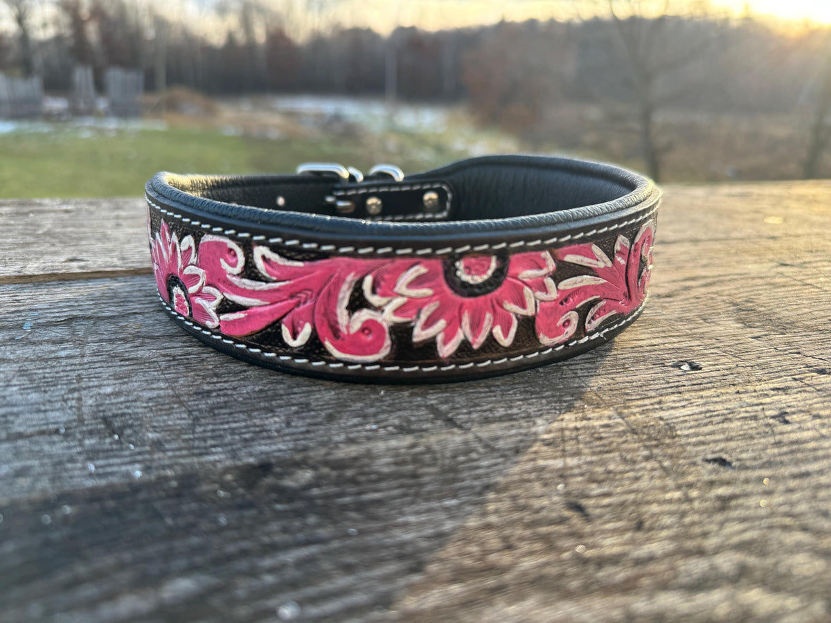 Western leather dog collar tooled Turquoise Feather or Pink Floral details by Double B Wild Rags
