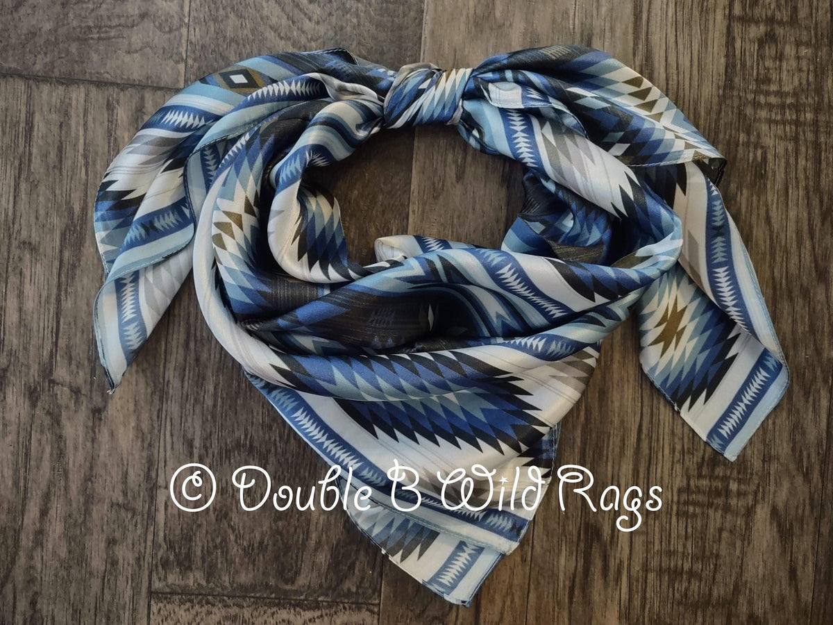 Wild Rag 100% SILK 835 AZTEC blue silver white Cowboy Western Neck Scarf Bandanna by Double B Wild Rags