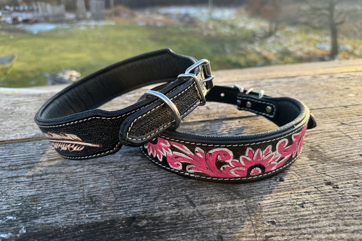 Western leather dog collar tooled Turquoise Feather or Pink Floral details by Double B Wild Rags