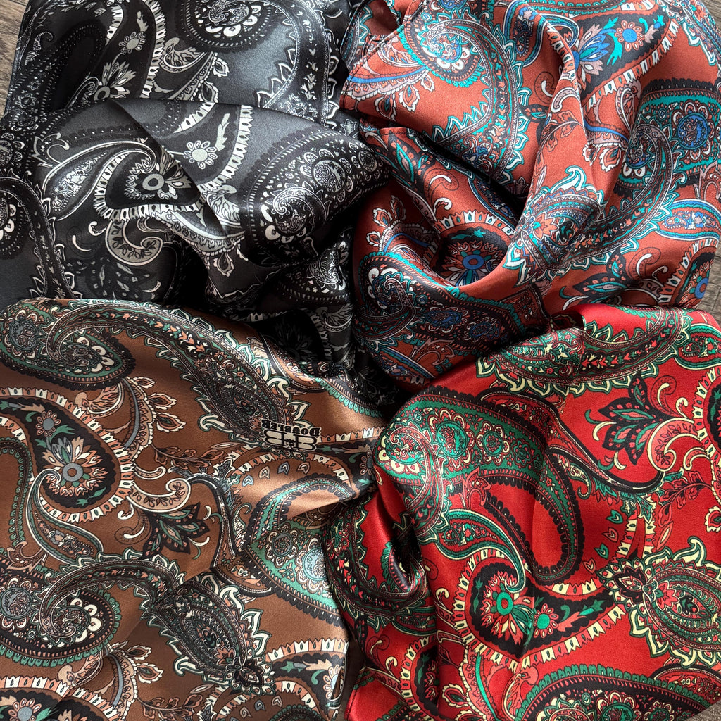 100% Silk Wild Rag Classic Paisley Red Brown Pink Black Purple Blue by Double B Wild Rags