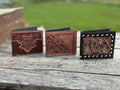 Men’s Western bi-fold wallet tooled floral Cow Skull Aces Cards details by Double B Wild Rags