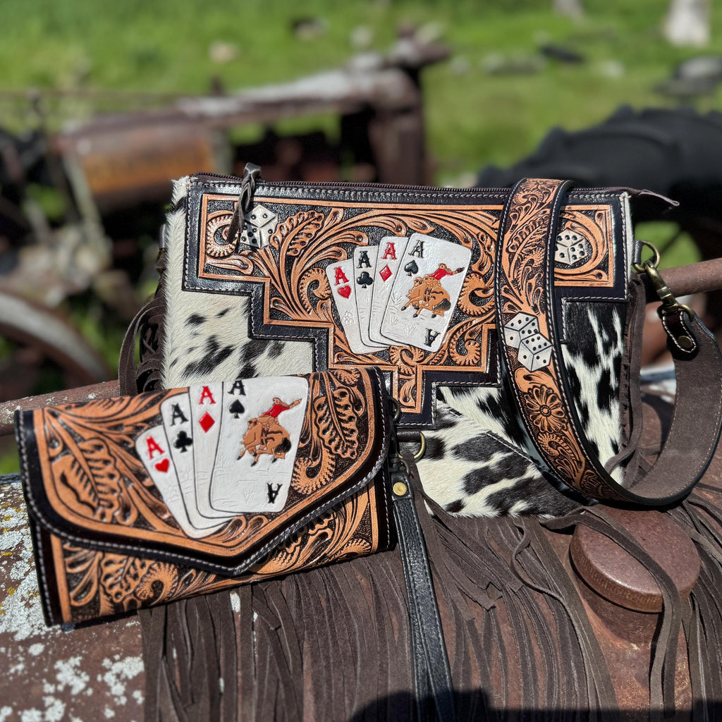 Genuine Western Cowhide Leather Purse or Clutch with Ace Cards and Dice painted details a Double B Wild Rags Exclusive