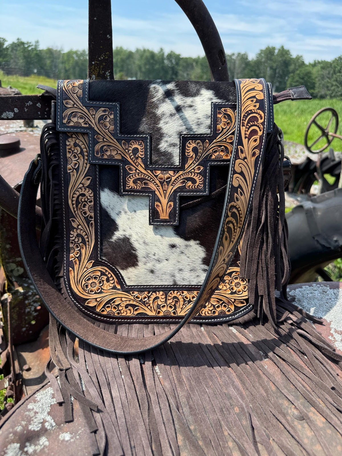 Genuine Western Cowhide Leather Purse or Clutch with cowhide and tooled details a Double B Wild Rags Exclusive