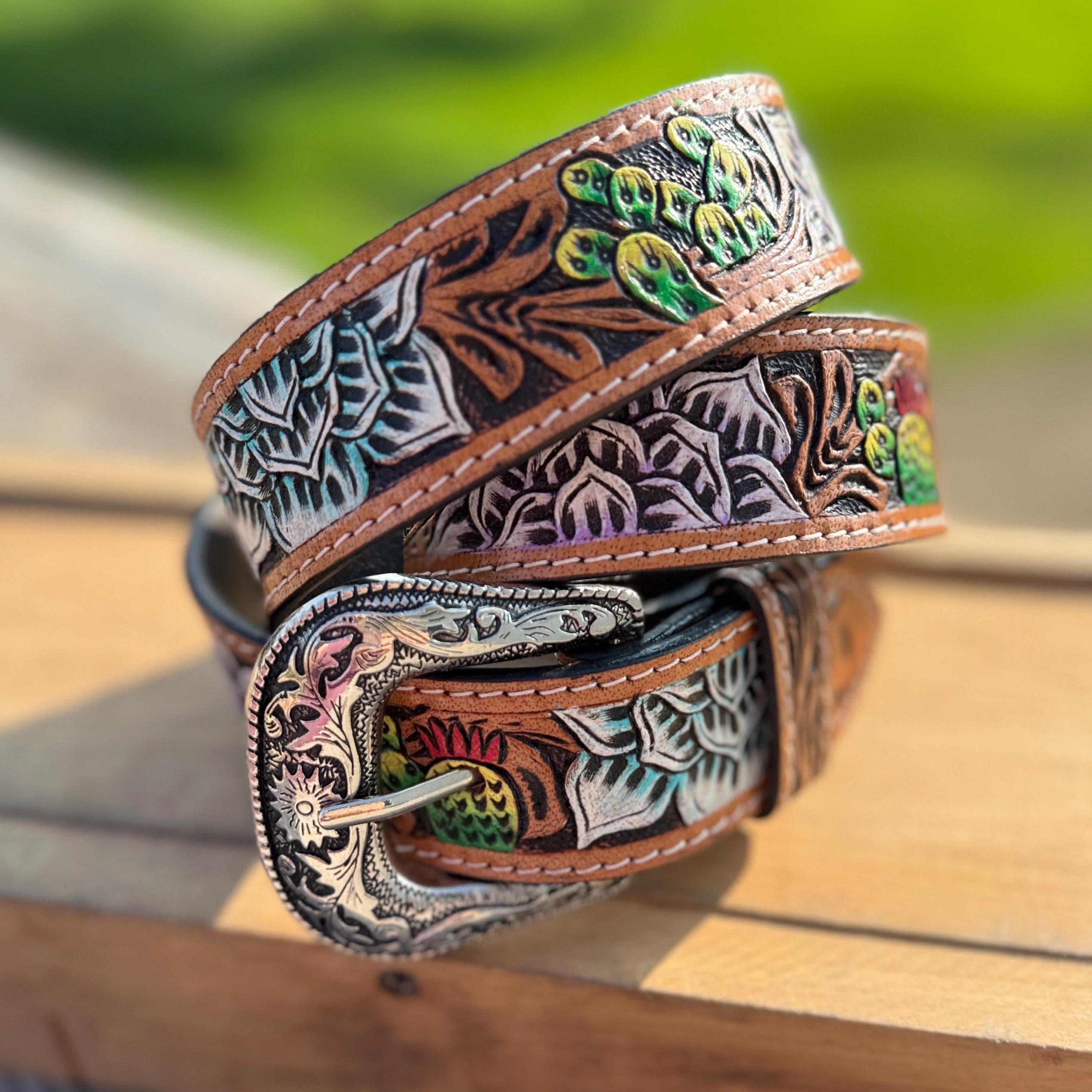 Genuine Leather Western Belt with tooled Succulent Cactus Flowers by Double B Wild Rags