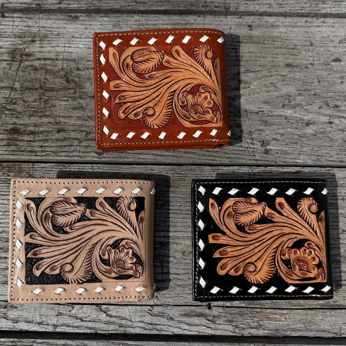 Handmade Tooled Leather Western Wallet, Seed Bead Buckstitch Bi-Fold