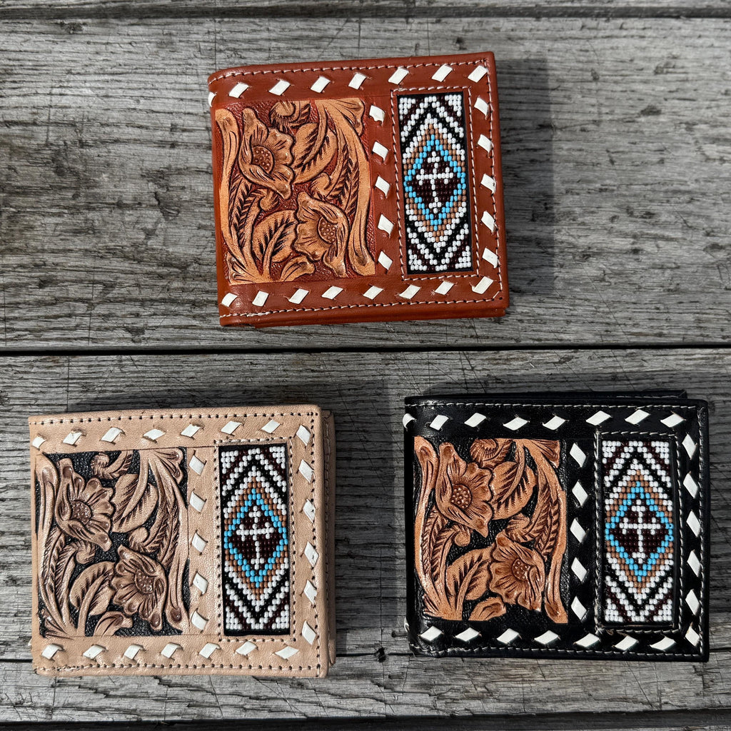 Handmade Tooled Leather Western Wallet, Seed Bead Buckstitch Bi-Fold