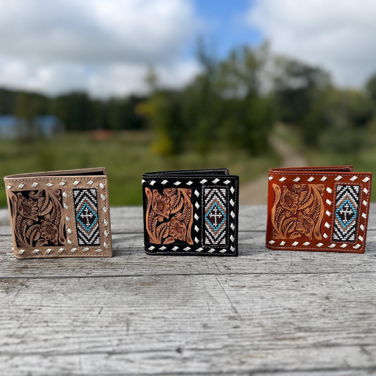 Handmade Tooled Leather Western Wallet, Seed Bead Buckstitch Bi-Fold
