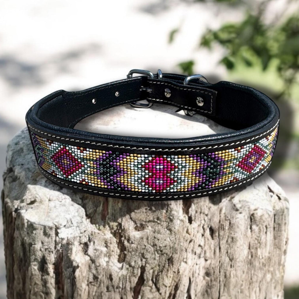 Western leather dog collar tooled and seed bead details by Double B Wild Rags