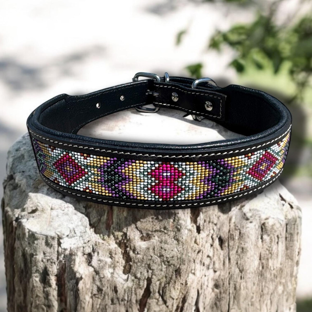 Western leather dog collar tooled and seed bead details by Double B Wild Rags