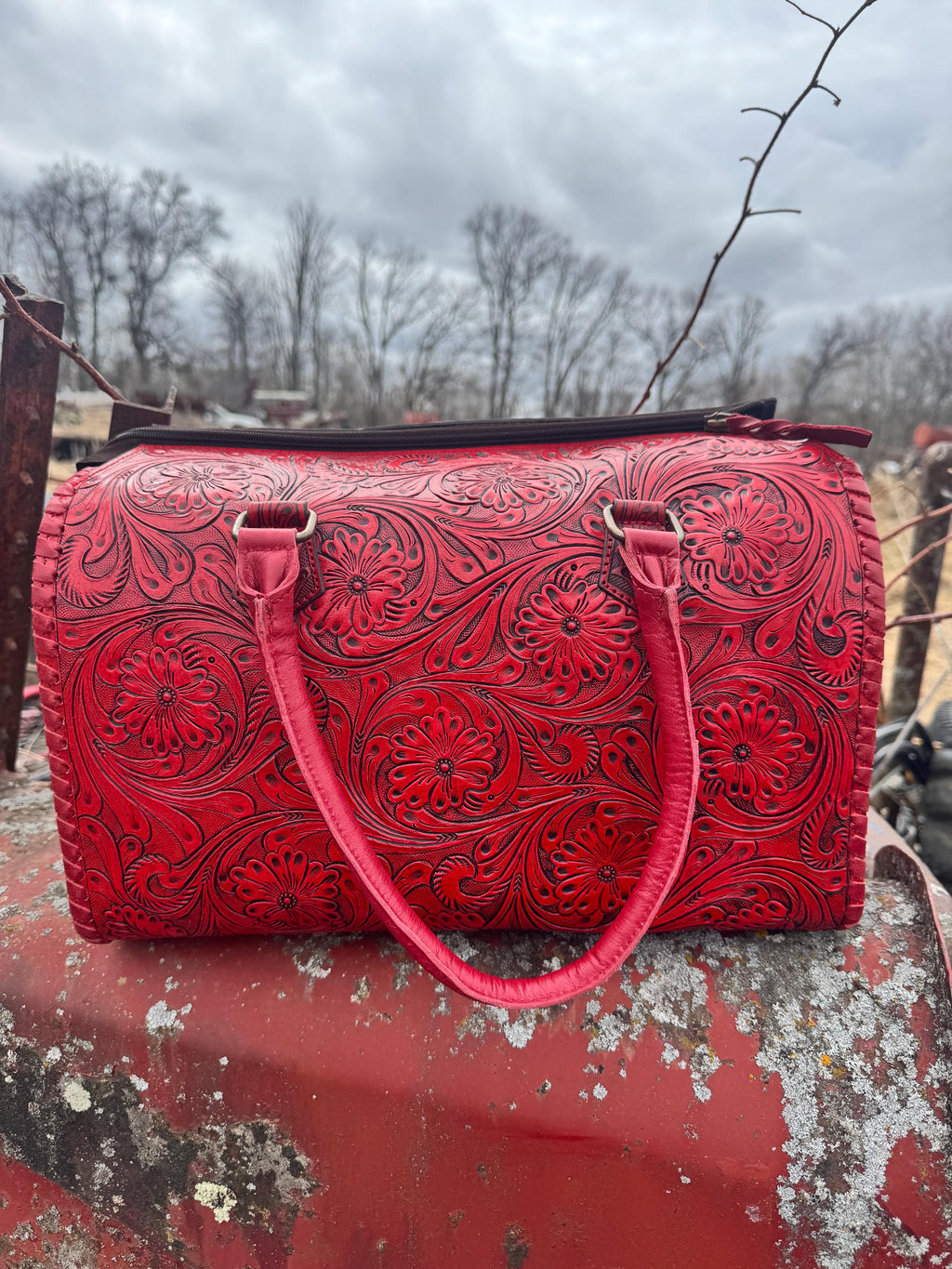 Deep Cherry Red Speedy Western Genuine Leather Barrel Bag Purse or Briefcase