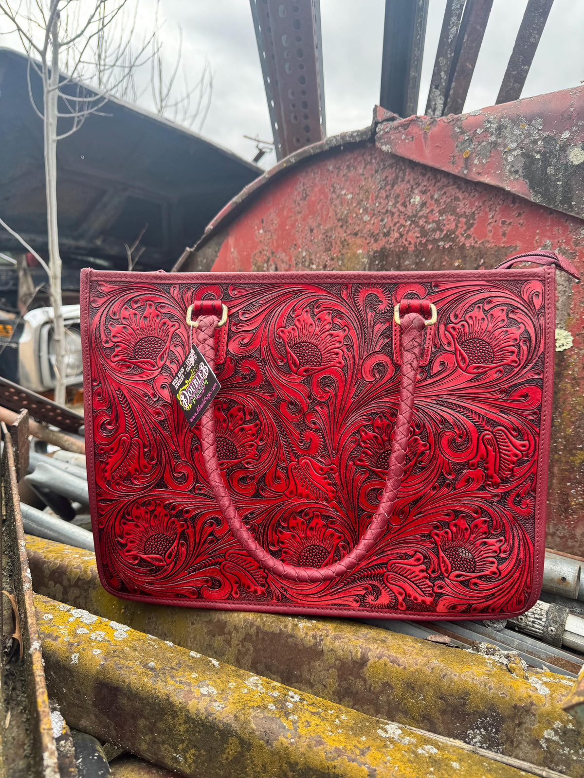 Deep Cherry Red Speedy Western Genuine Leather Barrel Bag Purse or Briefcase