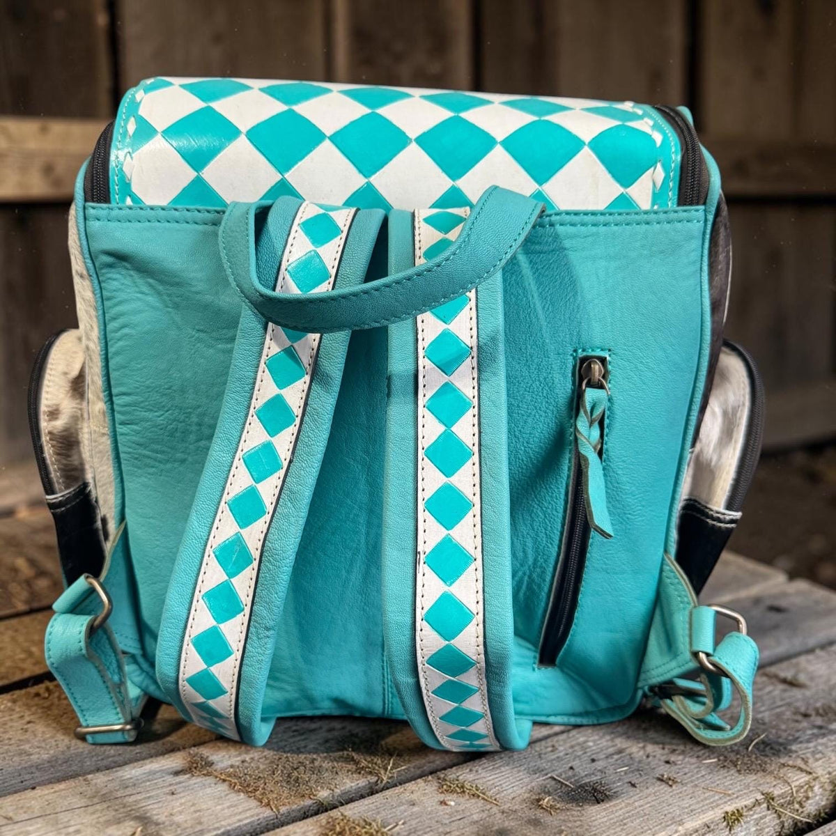 Checkered Genuine Cowhide Leather Backpack by Double B