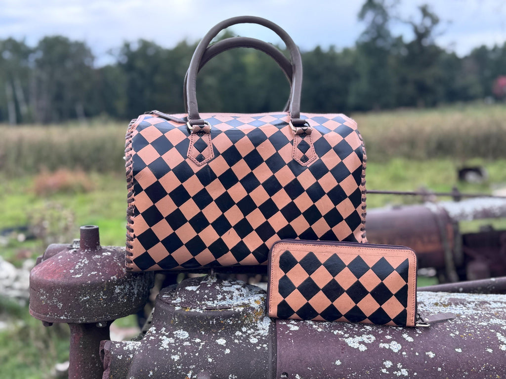 Caramel Espresso Checkered Speedy Western Genuine Leather Purse with optional wallet