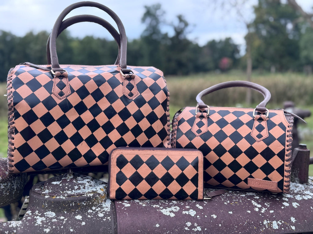 Caramel Espresso Checkered Speedy Western Genuine Leather Purse with optional wallet