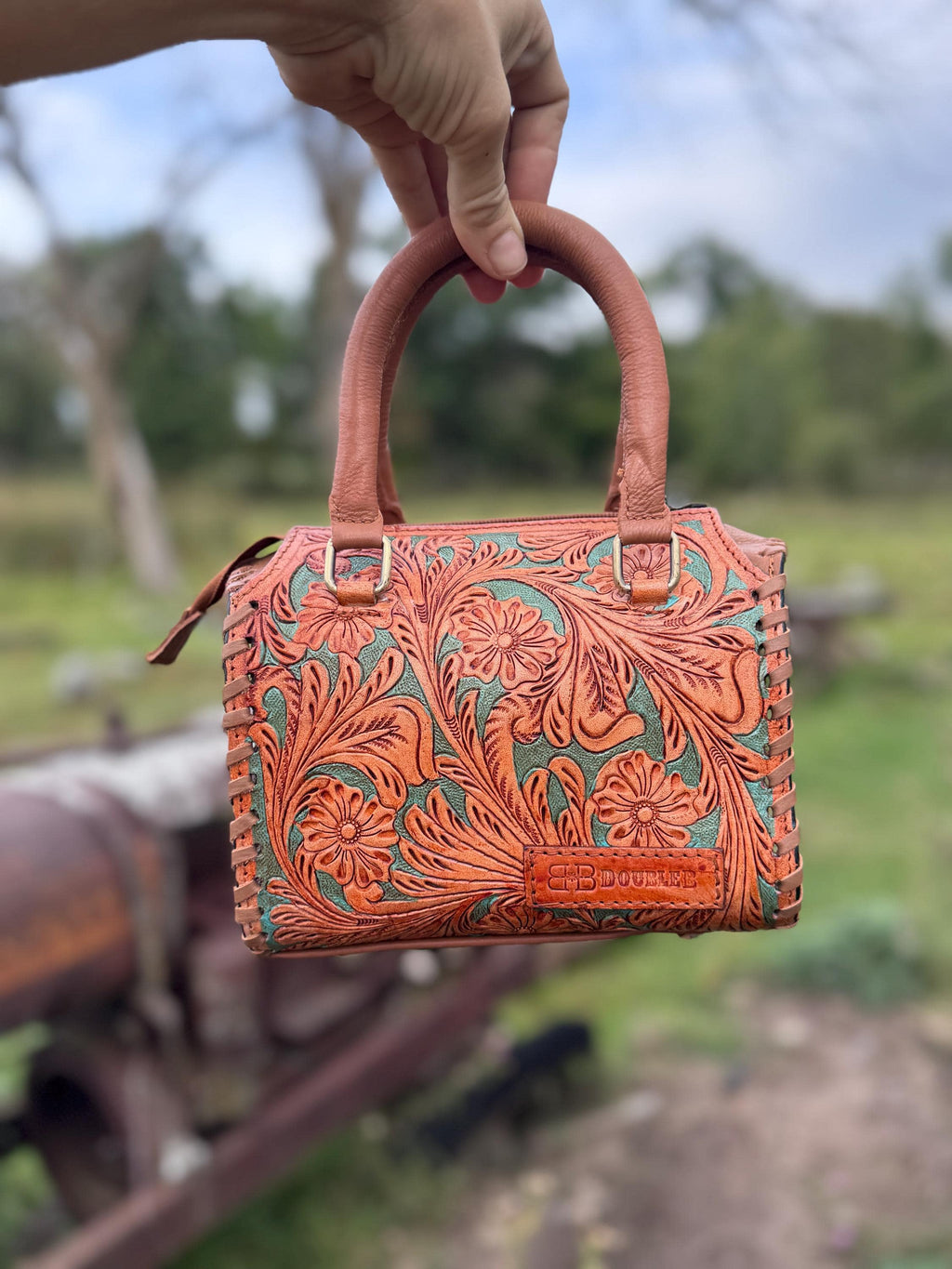 Turquoise and Tan Speedy Western Genuine Leather Barrel Bag Purse by Double B