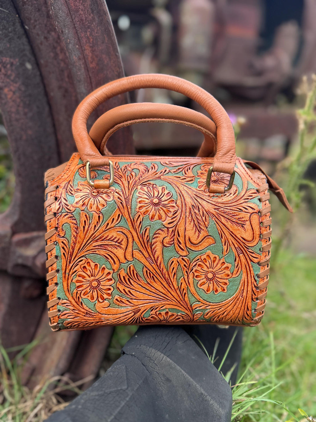 Turquoise and Tan Speedy Western Genuine Leather Barrel Bag Purse by Double B