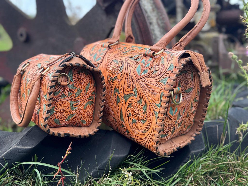 Turquoise and Tan Speedy Western Genuine Leather Barrel Bag Purse by Double B