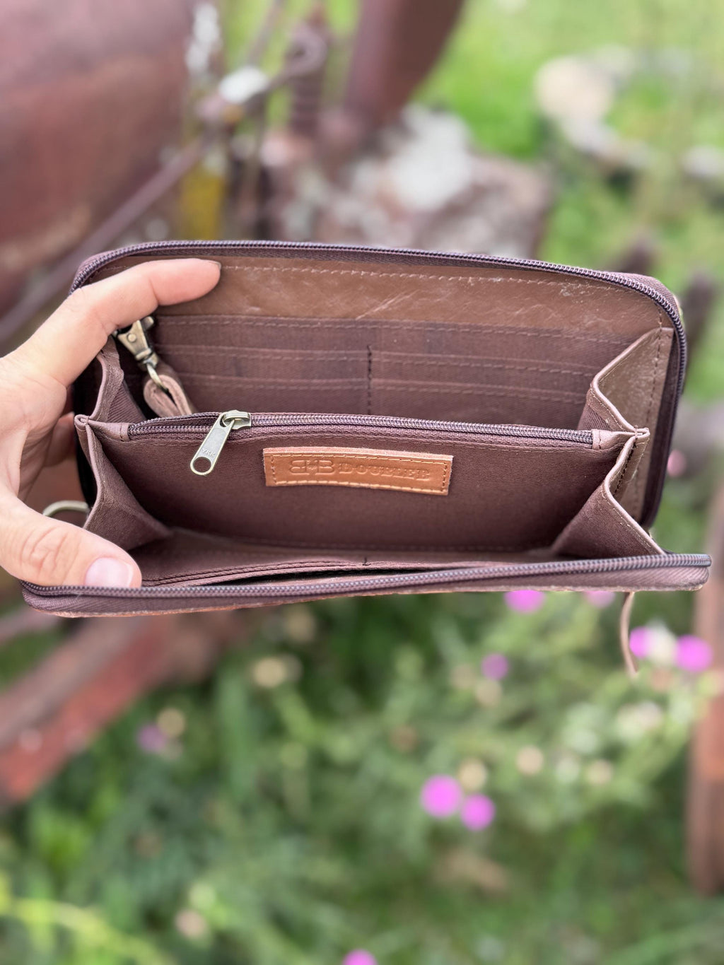 Caramel Espresso Checkered Speedy Western Genuine Leather Purse with optional wallet