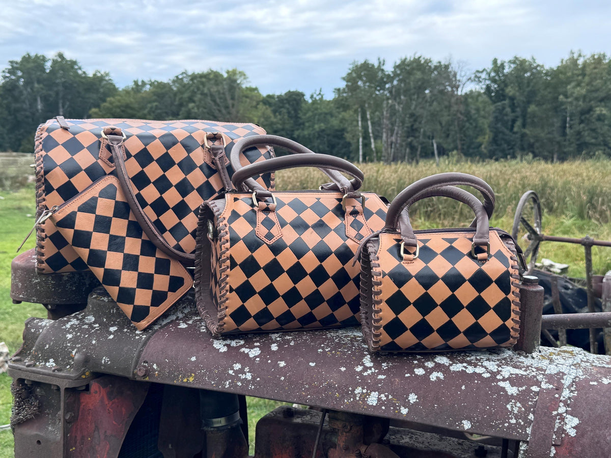 Caramel Espresso Checkered Speedy Western Genuine Leather Purse with optional wallet