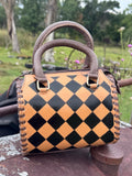 Caramel Espresso Checkered Speedy Western Genuine Leather Purse with optional wallet