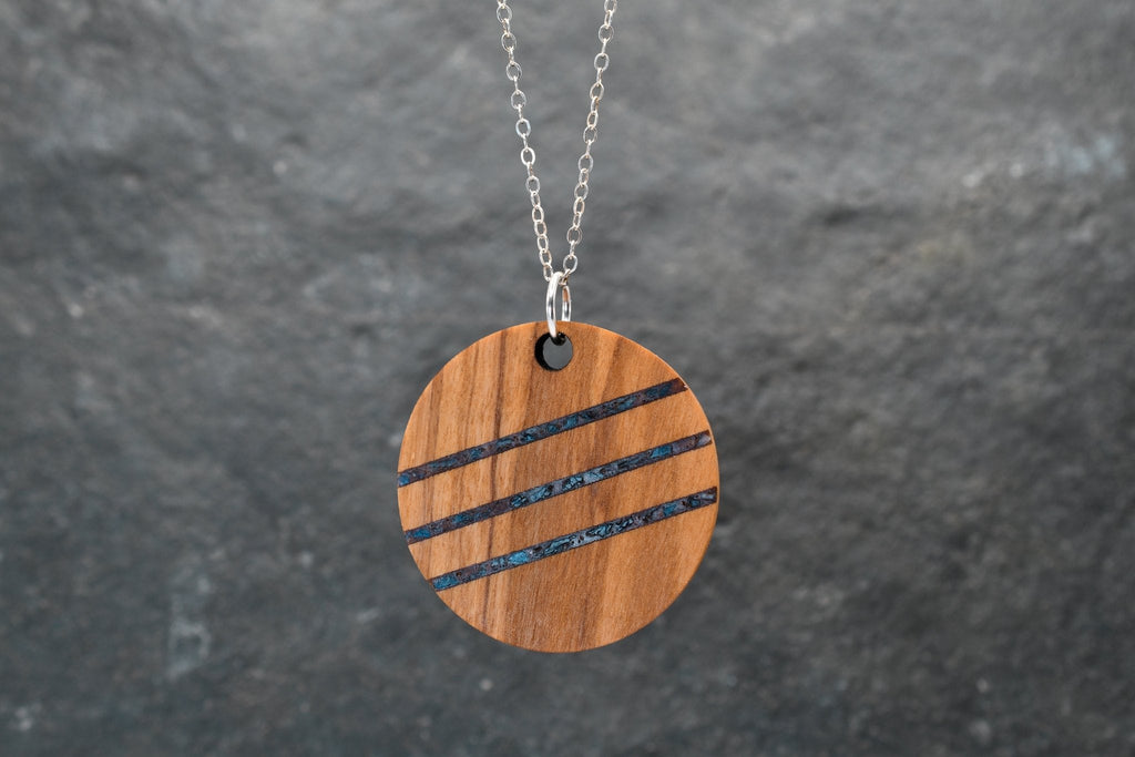 Wood & Sterling Silver Pendant Necklace, Stone Inlay