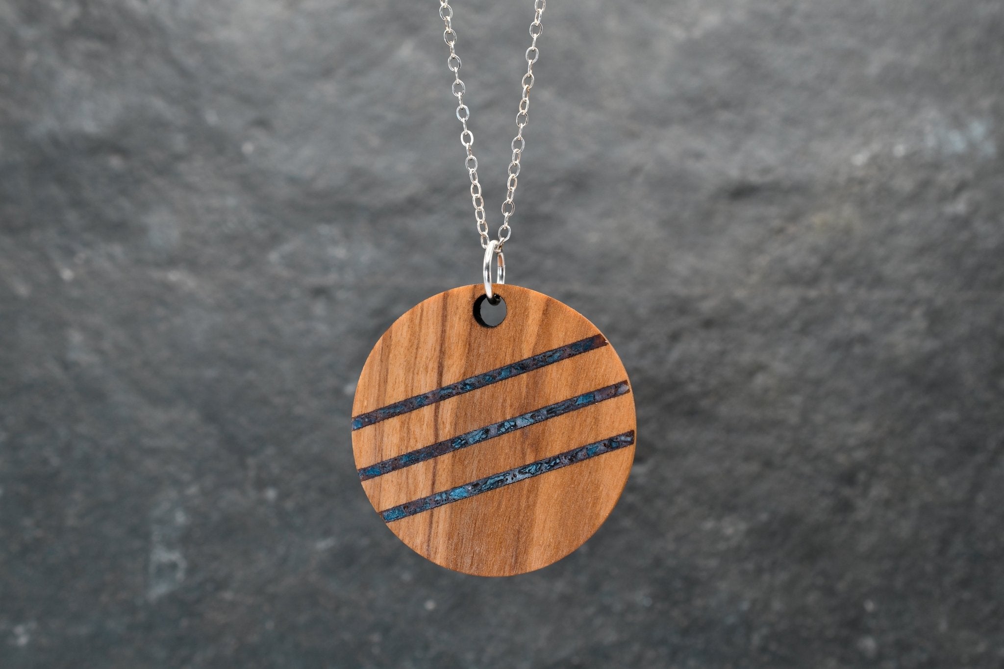 Wood & Sterling Silver Pendant Necklace, Stone Inlay