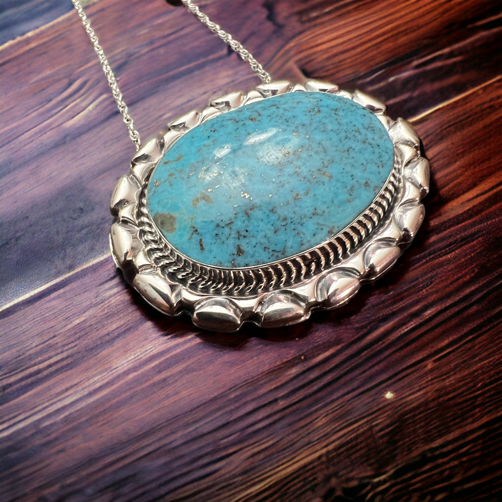 Jimson Belin Navajo Sterling Silver Necklace with Kingman Turquoise — 16" - Quarter Circle AK Boutique