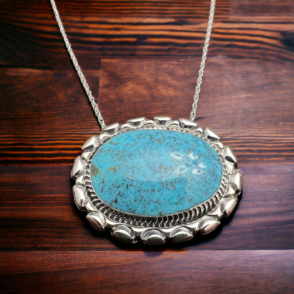 Jimson Belin Navajo Sterling Silver Necklace with Kingman Turquoise — 16" - Quarter Circle AK Boutique