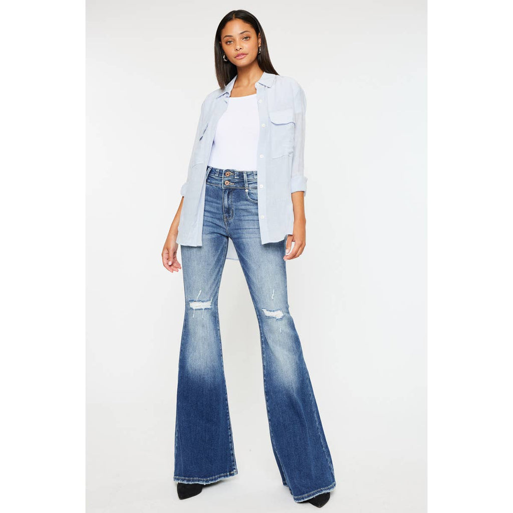 Kan Can High-Rise Super Flare Western Jeans — Dark Stone Wash with Two-Button Zip Fly & Distressed Detailing (Size 7 available)