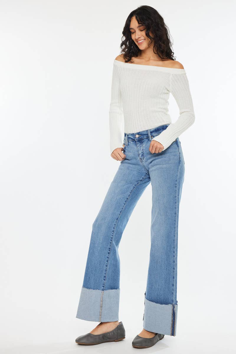 Kan Can Mid Rise Wide Flare Cuff Western Jeans — Medium Wash Stretch Denim, 5 Pocket, Cuffed Raw Hem (sizes 1, 11 and 13 remain) - Quarter Circle AK Boutique