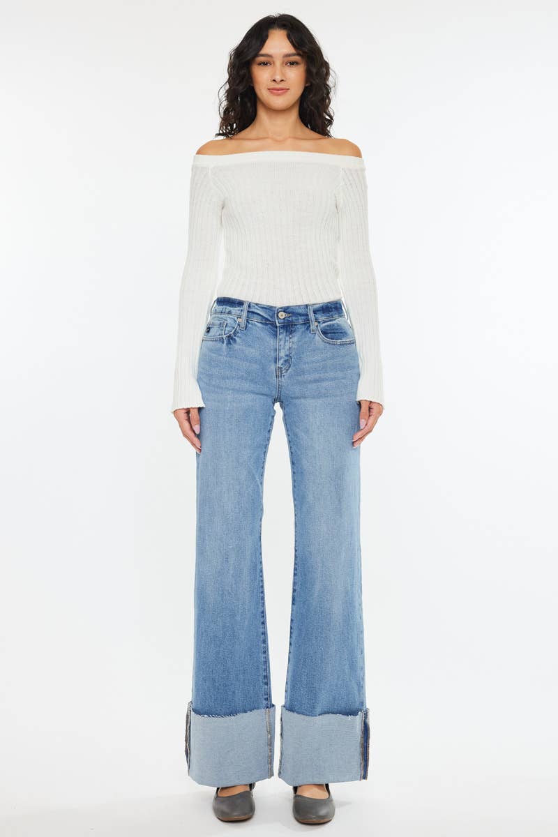 Kan Can Mid Rise Wide Flare Cuff Western Jeans — Medium Wash Stretch Denim, 5 Pocket, Cuffed Raw Hem (sizes 1, 11 and 13 remain) - Quarter Circle AK Boutique