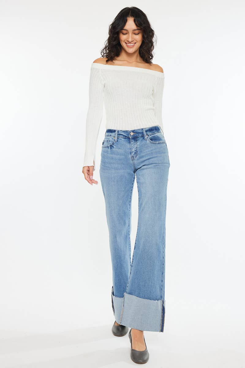 Kan Can Mid Rise Wide Flare Cuff Western Jeans — Medium Wash Stretch Denim, 5 Pocket, Cuffed Raw Hem (sizes 1, 11 and 13 remain) - Quarter Circle AK Boutique