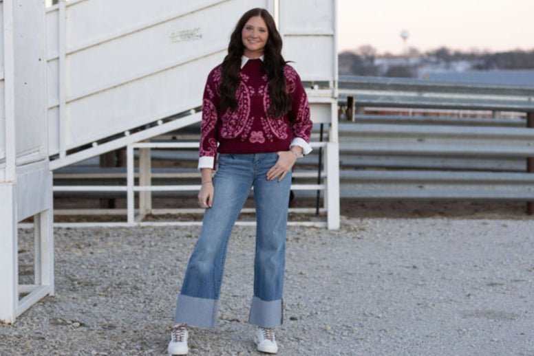 Kan Can Mid Rise Wide Flare Cuff Western Jeans — Medium Wash Stretch Denim, 5 Pocket, Cuffed Raw Hem (sizes 1, 11 and 13 remain) - Quarter Circle AK Boutique