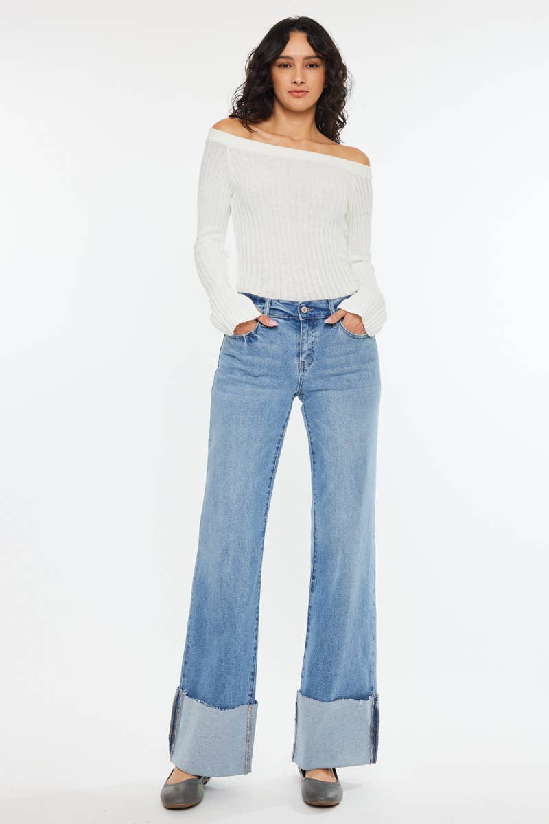 Kan Can Mid Rise Wide Flare Cuff Western Jeans — Medium Wash Stretch Denim, 5 Pocket, Cuffed Raw Hem (sizes 1, 11 and 13 remain) - Quarter Circle AK Boutique