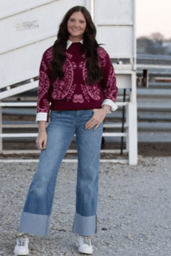 Kan Can Mid Rise Wide Flare Cuff Western Jeans — Medium Wash Stretch Denim, 5 Pocket, Cuffed Raw Hem (sizes 1, 11 and 13 remain) - Quarter Circle AK Boutique