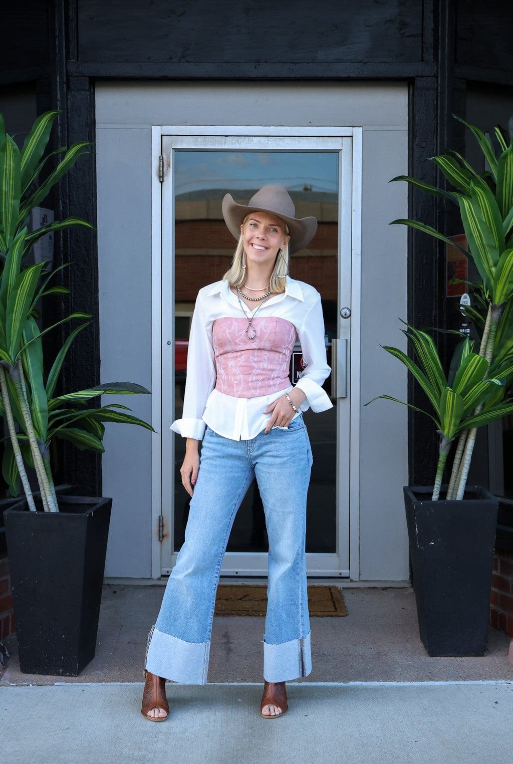 Kan Can Mid Rise Wide Flare Cuff Western Jeans — Medium Wash Stretch Denim, 5 Pocket, Cuffed Raw Hem (sizes 1, 11 and 13 remain) - Quarter Circle AK Boutique