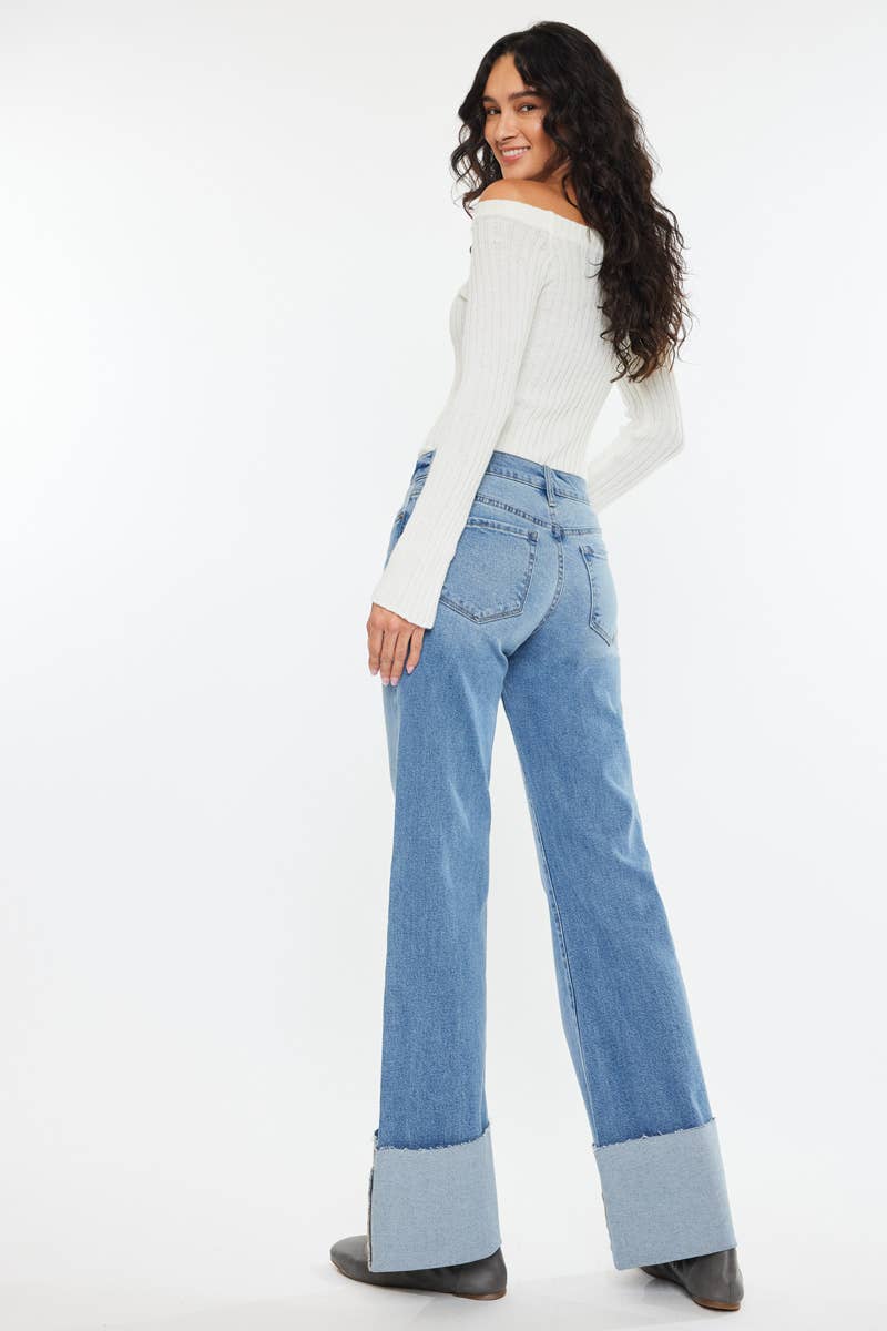 Kan Can Mid Rise Wide Flare Cuff Western Jeans — Medium Wash Stretch Denim, 5 Pocket, Cuffed Raw Hem (sizes 1, 11 and 13 remain) - Quarter Circle AK Boutique