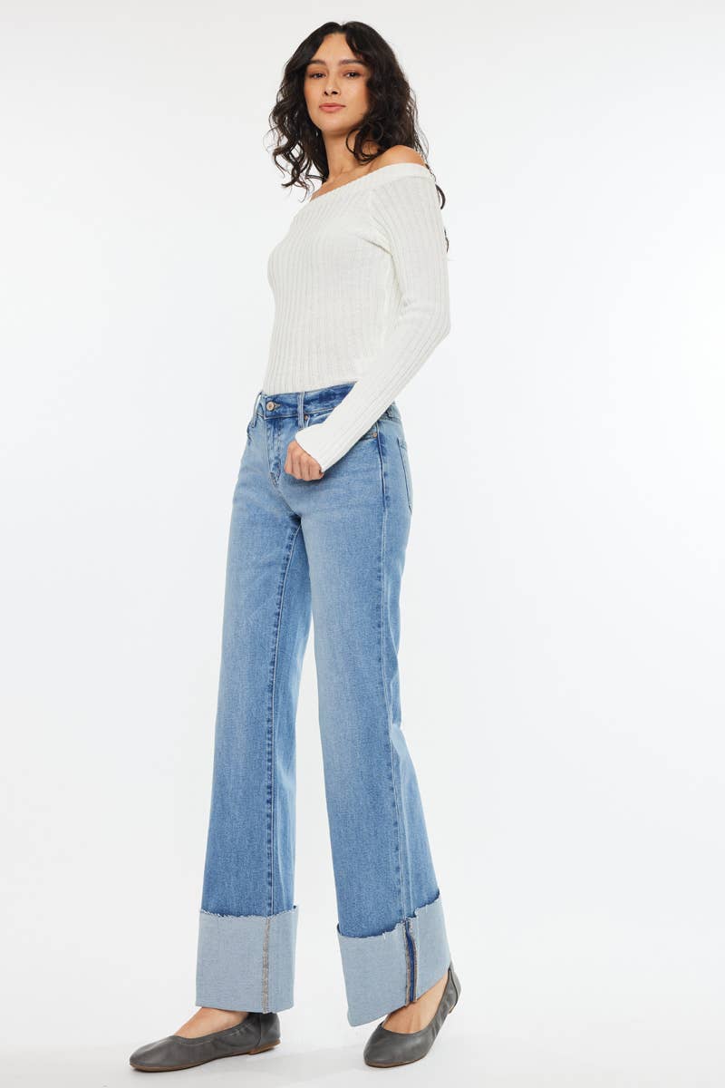 Kan Can Mid Rise Wide Flare Cuff Western Jeans — Medium Wash Stretch Denim, 5 Pocket, Cuffed Raw Hem (sizes 1, 11 and 13 remain) - Quarter Circle AK Boutique