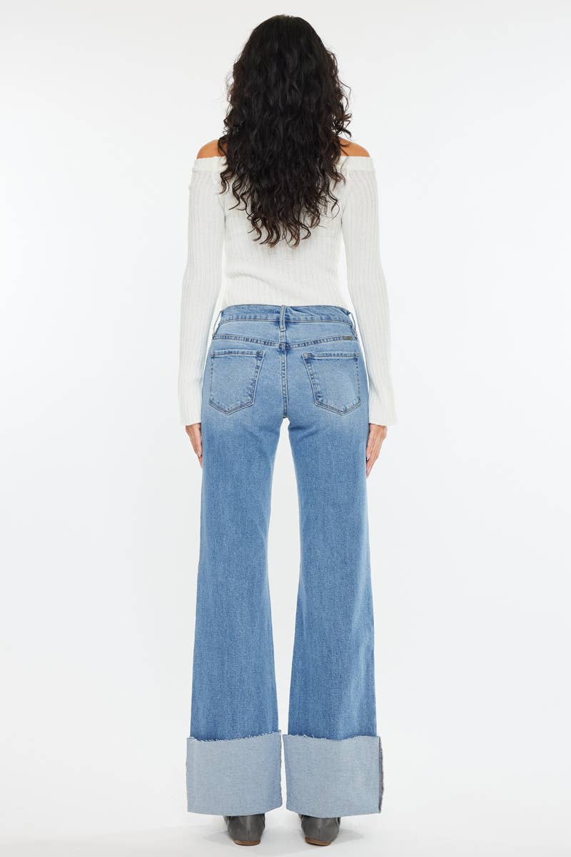 Kan Can Mid Rise Wide Flare Cuff Western Jeans — Medium Wash Stretch Denim, 5 Pocket, Cuffed Raw Hem (sizes 1, 11 and 13 remain) - Quarter Circle AK Boutique